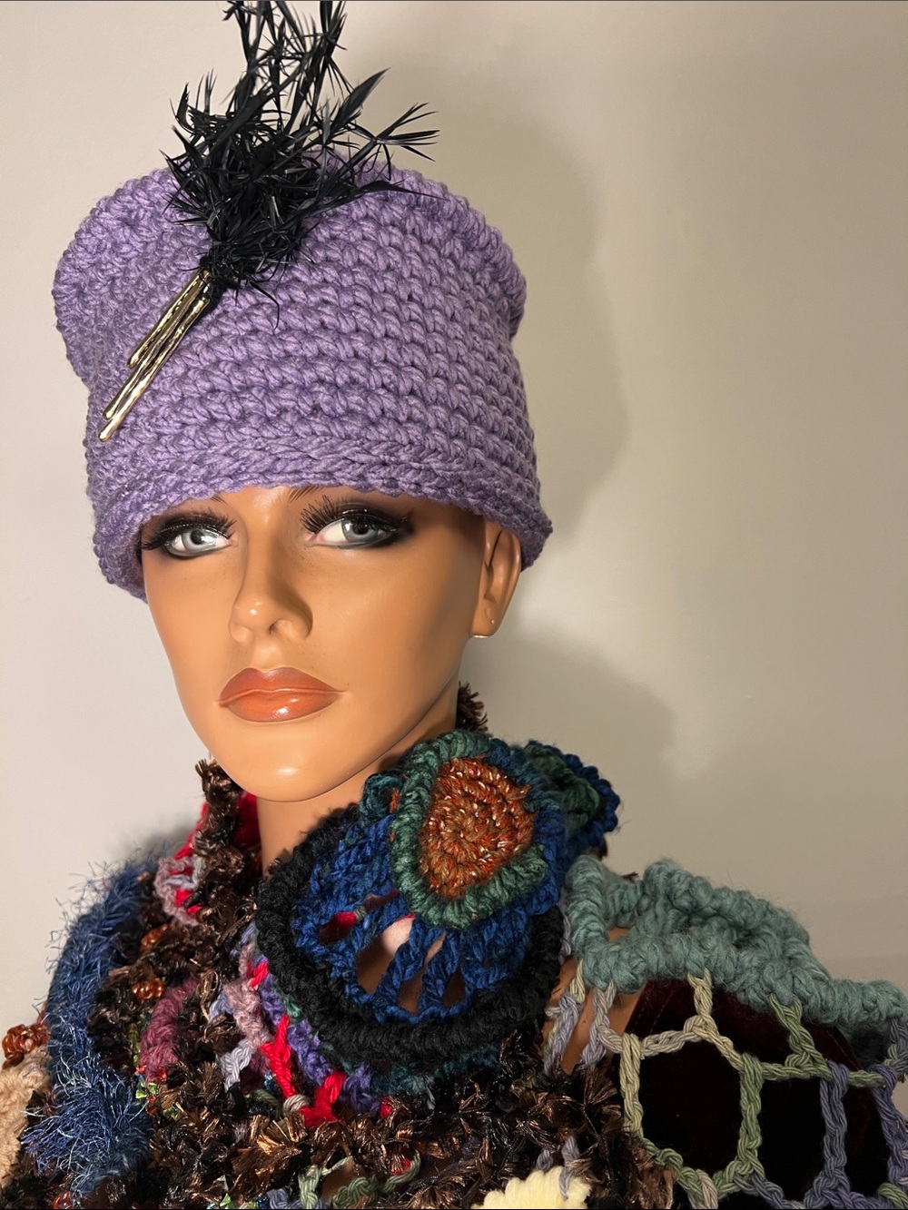 2 pc set Lavender Crochet  Hat  with Black Feather Accent